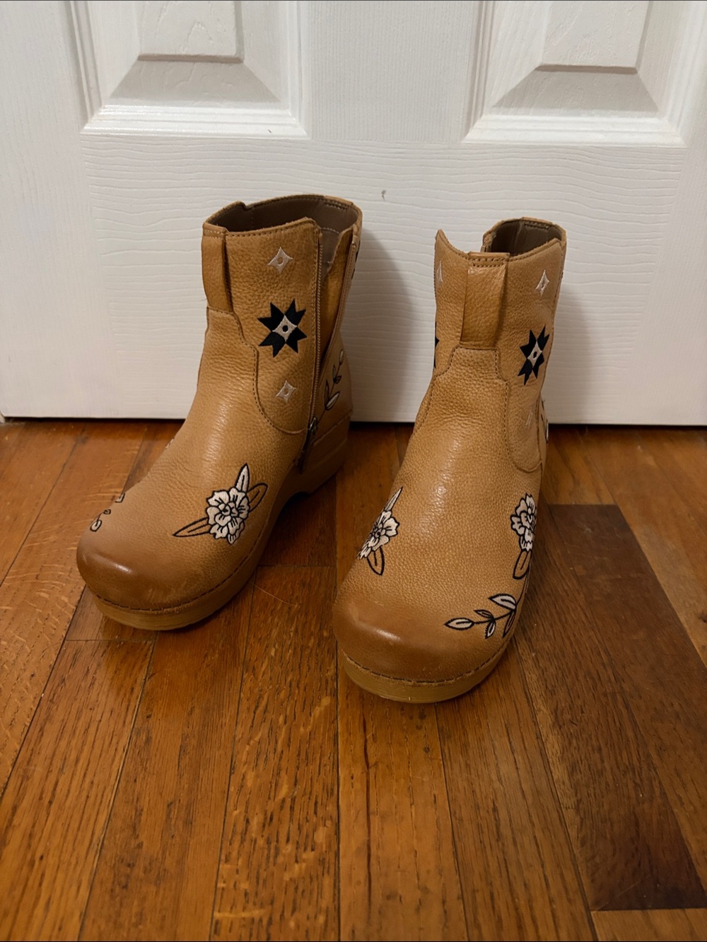 Dansko Tan Leather Floral Embroidered Wedge Ankle Boots